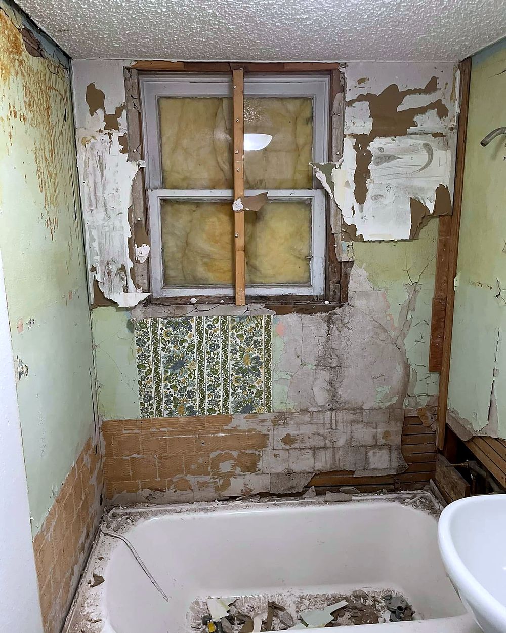 Bathroom before — walls stripped to plaster, the original tub still in place