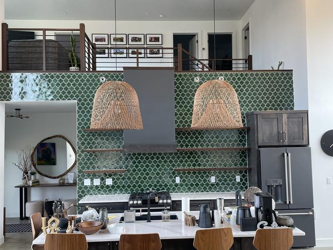 Emerald arabesque backsplash, wall to wall